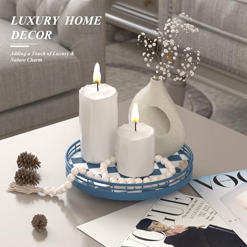 Image of Premium Rubber Wood Lazy Susan Turntable, Blue White Checkerboard Decorative Serving Tray, Hand-Welded Metal Railing, Stable Rotating Organizer for Dining Table, Kitchen Counter, Coffee Table Decor