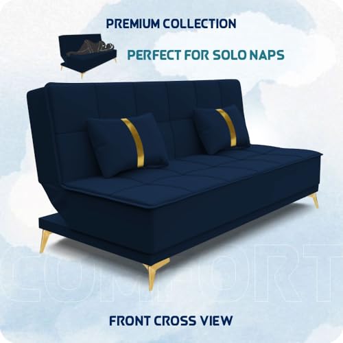 Image of Adorn India Premium New Alyssum 3 Seater Sofa Cum Bed 4X6 Velvet Suede with 2 Cushions (Color Blue) and Suitable for All Indoor, with 3 Years Warranty
