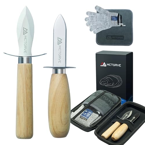 MCTGRVE Oyster Shucking Knife and Glove Set - Oyster Shucker Kit with 2pcs Knife, 1pair Level5 Protection Gloves, 1pc Kitchen Cloth - Seafood Opener Tools in Storage Bag (Black) - Great Gifts