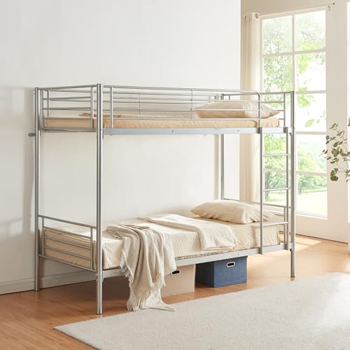 [en.casa] Metall-Etagenbett Soppsar Bett Hochbett mit Leiter 90x200 Stockbett für Gästezimmer Kinderbett 208,5x97x165 cm Silber