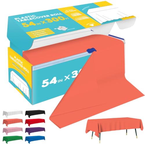 Image of Niuara Orange Plastic Table Cover Roll - 52IN x 300FT, Table Cloth for Rectangle Table with Slide Cutter, Plastic Table Cloth Disposable with Cut-to-Size Design for Weddings, Banquets, Parties