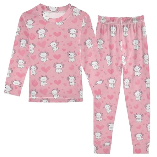 panksolu Pajama Sets Long Kawaii Axolotl Doodle Pink Heart Cotton Sleepwear Pjs 2 Piece,18M-8Y