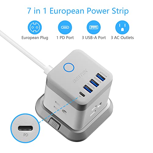 BESTEK European Travel Plug Adapter, Power Strip with USB C PD 20W and 3 USB Ports, 3 Side Wide Outlet Extender, 5ft EU Extension Cord, Detachable Base, Mountable Power Cube2