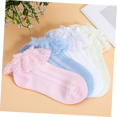 KESYOO 4pairs Girls Ankle Socks Breathable Cotton Lace Socks White Yellow and for Ages for Daily Wear and Dress-up Occasions4