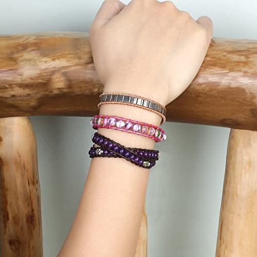 Image of KELITCH Double Wrap Bracelet Women Hand-Braided Turquoise Beads Bracelets Boho Leather Bracelets Bangle
