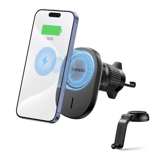 UGREEN Magnetic Wireless Car Charger Mount, Compatible with iPhone 16/15/14/13/12 Series Car Mount, Built-in 18 N52 Magnets, 11N Strong Magnets, Car Magnetic Phone Mount Charger