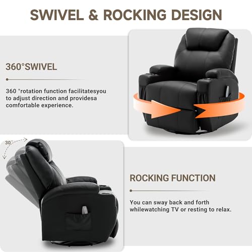 Korser Recliner Chair, Rocking Chair with Massage and Heat, 360° Swivel Recliner Chairs for Adults, Rocker Manual Recliner with Remote Control and Cup Holder for Living Room, Bedroom, Nursery