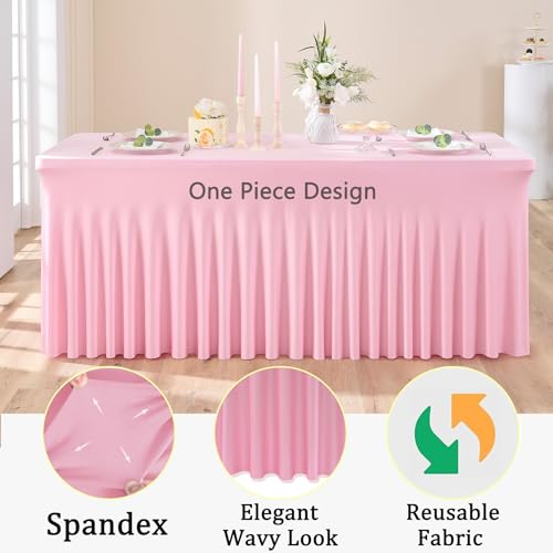 Image of 3pk Baby Pink Spandex Tablecloths for 6 Foot Rectangle Tables, Stretch Table Cloths 6FT Pink Fitted Table Cover Desk Skirt for Wedding Birthday Party Baby Shower