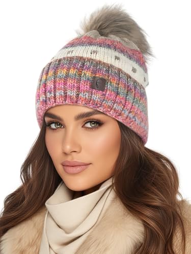 Baesics Wintermütze Creme Bunt Damen Herren – Gefütterte Bommelmütze mit Kunstfell Pompon, Strickmütze Beanie Stil, Made in EU, One Size, Warm & Elastisch mit...