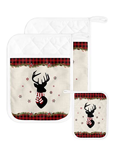 Xmas Reindeer Pot Holders With Pocket For Kitchen, Heat-Resistant Potholders Set Of 2, Hot Pads Oven Mitts With Hanging Loops For Home Cooking Baking Microwave, Christmas Buffalo Plaid #TOP16
