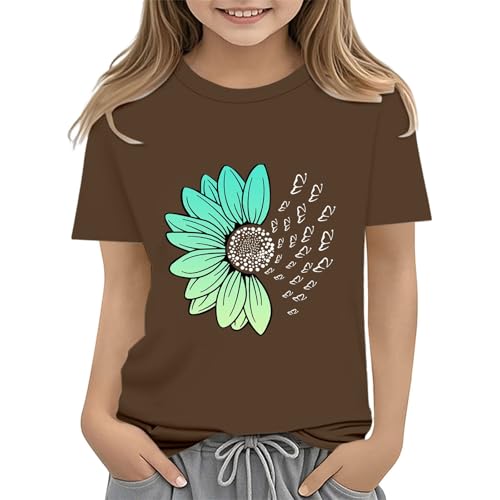 Girls Loose Fit Sunflower Graphic T Shirts Short Sleeve Crewneck Cute Pattern Printed Tops Kids (I-Coffee, 3-4 Years)