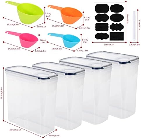 Vinsani 4 Pack Cereal Container Set Plastic Food Kitchen Storage Container Practical Airtight Lids Leak-Proof Cereal Dispenser Ideal for Cereal, Pasta, Sugar, Flour, Rice
