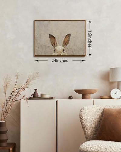 Image of KISSFOX Framed Wall Art Vintage Wall Decor Rabbit Pictures Easter Bunny Canvas Art Rustic Animal Paintings Retro Artwork For Bedroom Living Room Kitchen