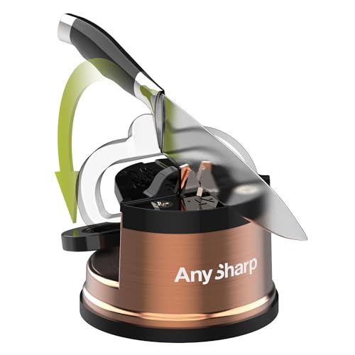 AnySharp – CHEF – Hands Free Knife Sharpener - Easy to Use Sharpening Tool with PowerGrip Suction Base and 20-Degree Pre-set Angle - For All Knives: Chef’s, Serrated, and Hardened Steel - Copper