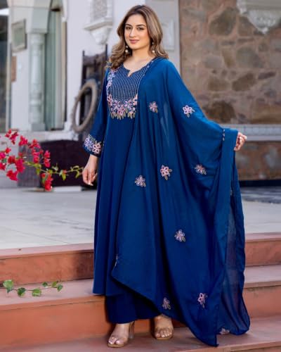 Image of KLOSIA Women's Embroidered A-Line Kurta Set with Dupatta | Floral Embroidery Ethnic Suit Set | Kurta Pant Set for Women | Festive, Wedding
