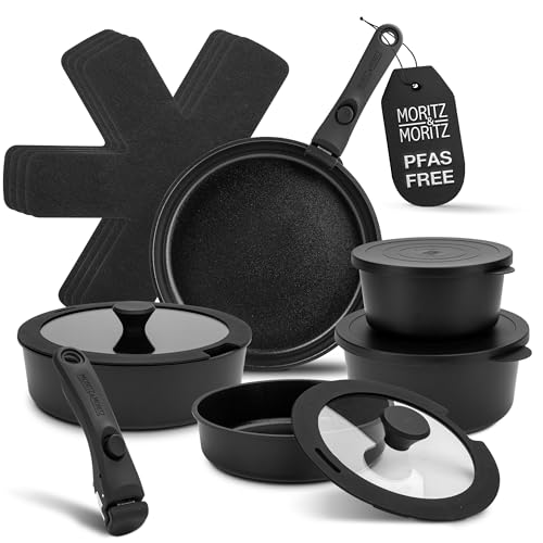 Image of 15-Piece Cast Aluminum Nonstick Cookware Set | Stackable Pots & Pans with Removable Handles, Granite Coating, Induction Compatible, Space-Saving, Black