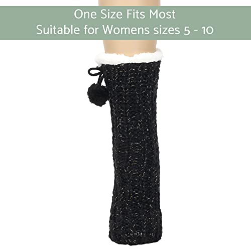 Image of Elanze Designs Gold Glitter Knit Pom Pom Womens One Size Plush Lined Non Skid Indoor Slipper Socks