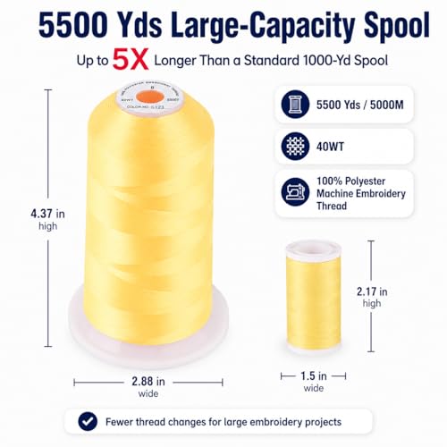 Image of Simthread 5000M 40WT Polyester Embroidery Thread, Neon Yellow S123 | 5000M 40WT polyester thread feeds smoothly for machine embroidery, monograms, logos, patches and quilting.