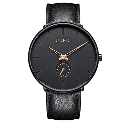 BUREI Men's Fashion Minimalist Wrist Watch Analog Waterproof Watch Soft Leather Strap Watches for Men (Rose Gold)