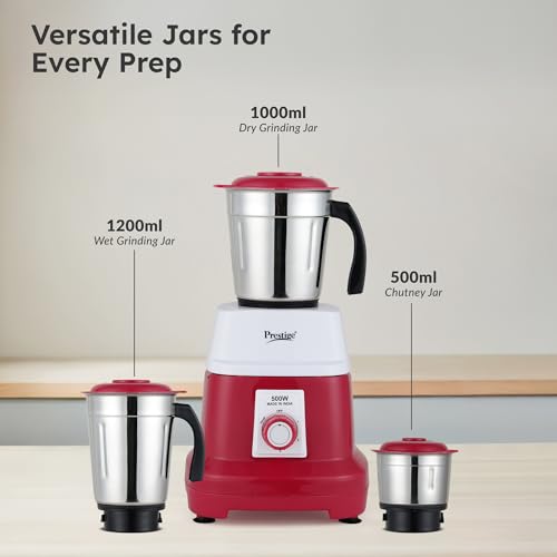 Image of Prestige Orion 500 Watts Mixer Grinder with 3 Stainless Steel Jars |3 Super Efficient Stainless Blades |Sturdy Handles|Red & White