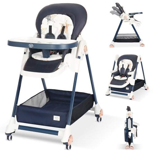 Image of BIUSIKAN Baby High Chair for Babies & Toddlers, High Chair w/Large Storage Basket, Adjustable Height, Footrest, Recline, Foldable high Chair w/Cushion, Removable Tray, high Chairs with Wheels, Blue