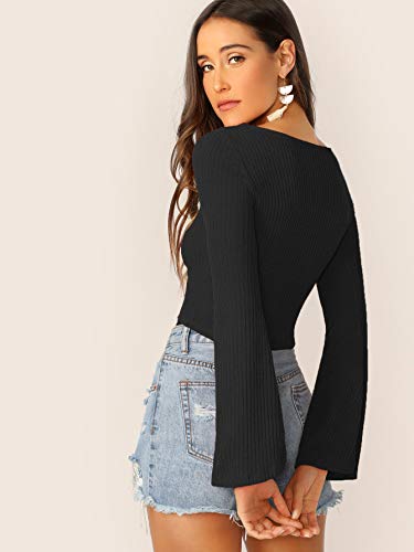 Image of SweatyRocks Women's Adjustable Drawstring String Long Bell Sleeve Rib Knit Sexy Crop Top