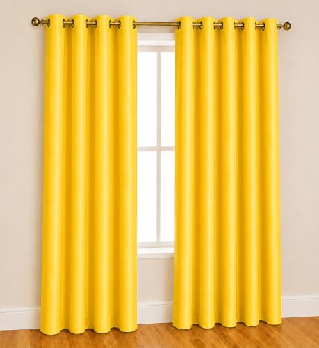 Image of Polyester Eyelet Door Curtain, Solid Plain Light Filtering Curtain for Bedroom, Living Room & Home Office, 7 Feet (84 x 48 Inch), Yellow, Pack of 2