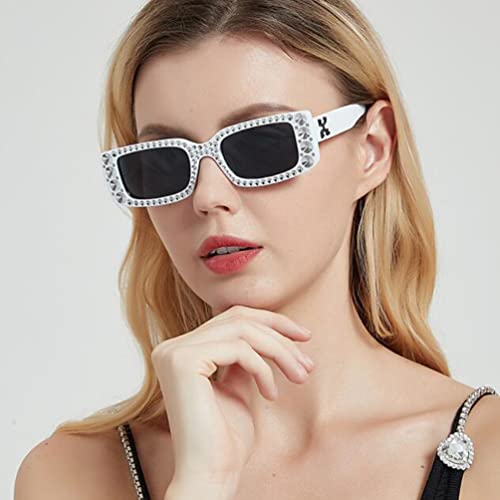Sparkling Crystal Sunglasses Square Plated Fake Diamond X Wide Leg Sunglasses UV Resistant Outdoor Sports Sunglasses (White Frame Black Grey Flakes)3