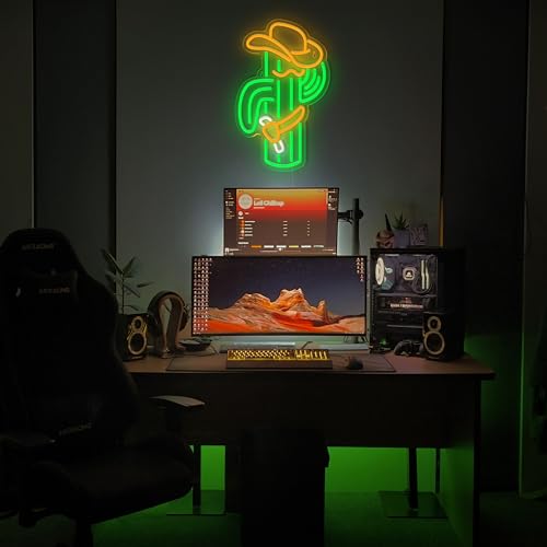 Image of VIKLIU Cactus Neon Sign Cowboy Hat Cactus Neon Signs Dimmable Led Neon Signs for Wall Decor,Bedroom,Game Room,Living Room,Man Cave Kids Room Home Bar Party Shop Gift, Green,Yellow,White