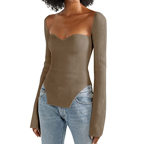 Image of Women's Square Neck Ribbed Knitted Sweater Long Sleeve Crop Slim Fitted Basic Pullover Tops