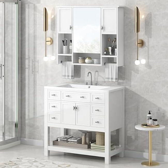 36'' Modern Single Sink Bathroom Vanity Set - Includes Top Sink, Mirror Cabinet with Towel Bar, and Storage Cabinet with 2 Soft - Closing Doors & 6 Drawers