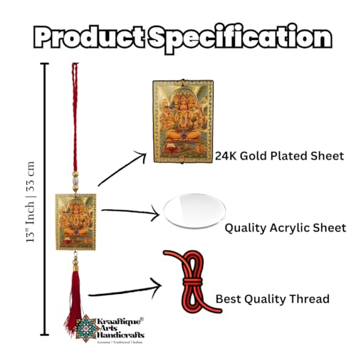 Image of Panchmukhi Hanuman Acrylic Gold-Plated Wall Hanging for South, South West Main Door Vastu Dosh Rectification Remedy of Home, Office and Factory, Rectangular with Adjustable Rope (33CM)