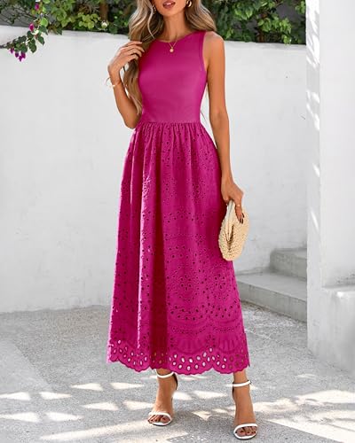 Image of dowerme Women Summer Dresses 2026 Casual Sleeveless Crewneck A-Line Boho Lace Eyelet Cotton Tank Maxi Dress with Pockets
