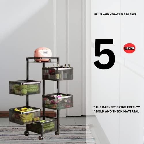 Image of KWER Metal Kitchen Trolley Square Onion Baskets for Storage,Kitchen Accessories Items&Vegetable Basket for Kitchen Organizer Items&Storage Portable Kitchen Accessories with Wheels(Black,Layer-5)