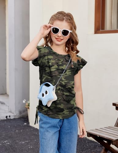 Arshiner Girls T Shirts Ruffle Short Sleeve Ruched Knot Side Tunic Blouse Summer Tee Tops2