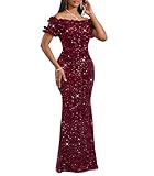 dasmzper Women Sexy Sequin Off Shoulder Ruffle Short Sleeve Bodycon Mermaid Party Formal Evening Maxi Dress Wine Red