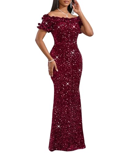 Image of dasmzper Women Sexy Sequin Off Shoulder Ruffle Short Sleeve Bodycon Mermaid Party Formal Evening Maxi Dress