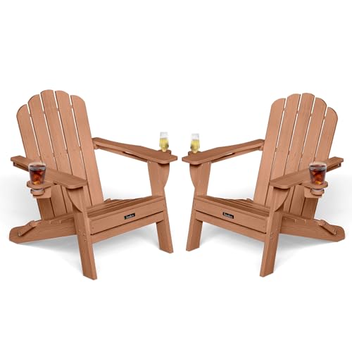Eesdom Adirondack Chairs Set of 2, HDPE Material Fire Pit Chairs, Plastic Adirondack Chairs with 2 Cup Holder, Outdoor Lawn Chair for Patio Garden,Teak