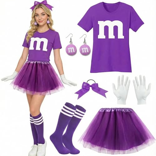 RIRIDAMAI M und M Kostüm Damen Set M Aufdruck Tshirt Faschingskostüme GruppenKostüm mit Tutu Handschuhe Streifensocken Haarschleife Ohrringe für Karneval Fasching Mottoparty