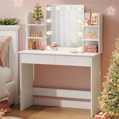WOLTU Postazione Trucco, Toeletta Trucco con Luci, Toeletta Trucco,Scrivania con Specchio e 10 Lampadine LED Dimmerabili,2 Cassetti e 4 Ripiani,Comò per Camera da Letto in Legno, Bianco, 90x40x135cm