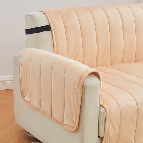Image of Great Bay Home Velvet Sofa Cover - Washable Slipcover Furniture Protector with Elastic Straps - Furniture Cover for Dogs, Kids, and Pets - Stitched Detail (Peach)