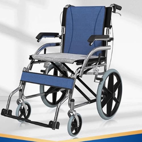 車椅子 ポータブル折りたたみ車椅子、高齢者と大人向けのハンドブレーキを備えた軽量アルミニウムトランジット椅子40cmリアホイール青 車椅子 折畳み