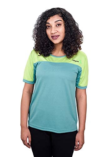 Image of Uhane Women's Gym Dri-Fit Work-Out Round Neck Loose Fit Straight-Cut Long Back T-Shirt (Ocean Blue /Lime Green) Short Sleeves Multi-Coloured Top for Sports and Fitness