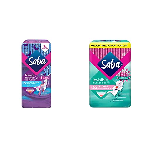 Saba Saba Saba Ultra Invisible Buenas Noches 22 Pzs, color, Grande, pack of/paquete de + Invisible Buenos Días, Toallas Femeninas Delgadas Con Alas, Flujo Moderado, 32 Piezas, color, Grande