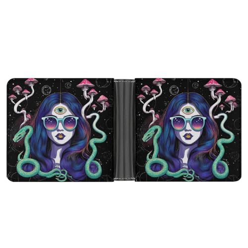 Lightweight Bifold Wallet for Men Women, Greek Goddess Snake Queen Medusa Mushroom Art Slim Thin Wallet Credit Card Holder Organizer Pu Leather Travel Purse