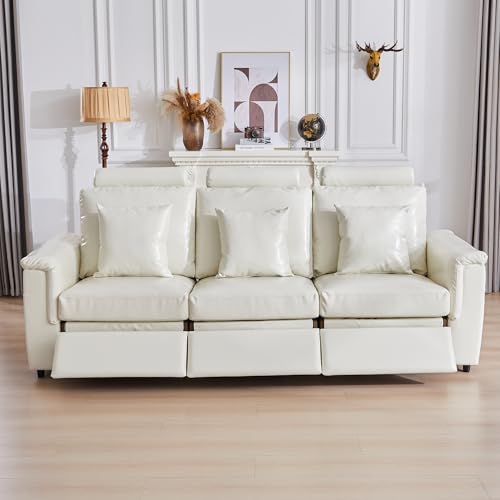 Image of RARZOE Manual 3-Seater Recliner Sofa, Faux Leather 3 Seat Reclining Couches with Headrest, Modern Comfy Recliner Sofa Set with 3 Recliner Chairs for Living Room Home Theater,Beige