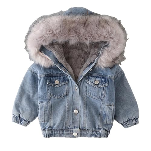 Girls' Classic Faux Fur Collar Denim Jacket Hooded Thicken Fleece Lined Jean Coat Plush Winter Hoodie Outwear