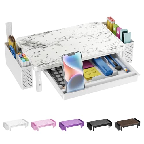 Image of WALI Computer Monitor Stand with Storage, Desk Organizer with Drawer and Pen Holder, Desk Monitor Riser 3 Height Adjustable, Laptop Riser for Computer, Laptop, Printer(PTT003-M), 1 Pack, Marble