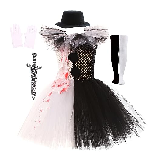 RWYBEIW Scary Halloween Clown Costume for Girls Tulle Tutu Dress Knife Socks Gloves Hairpin Sets for Halloween Party Cosplay (Black White 10-12 Years)