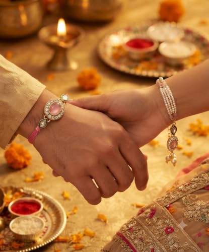 Image of Rakhi for Brother and Bhabhi Set of 2, Designer Rakhis for Rakshabandhan, Bhaiya Bhabhi Rakhi Set for Rang Panchami, Best Wishes Greeting Card and Tillak Set, Premium Thread Raki for Him